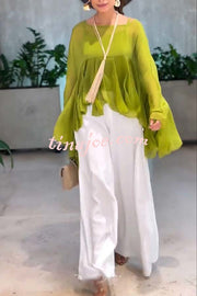 Romantic Journey Chiffon Ruffle Batwing Sleeve Top and Elastic Waist Pocket Loose Pants Set