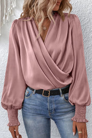 Satin Solid Color V-neck Lantern Sleeve Elegant Loose Shirt