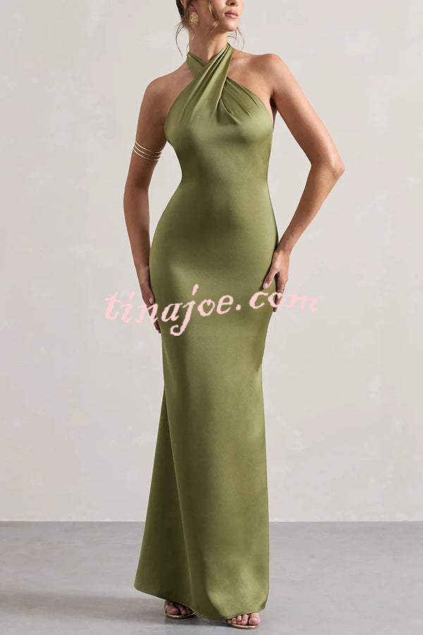 Solid Color Halter Neck Tie Sexy Backless Slim Maxi Dress