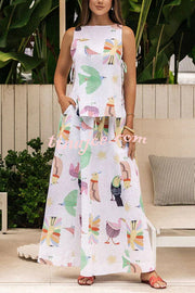 Island Paradise Linen Blend Unique Print Tie-up Slit Tank and Elastic Waist Pocketed Maxi Skirt Set