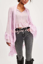 Flowy See-through Ruffle Tie-up Neck Bell Sleeve High-low Hem Cape Shirt