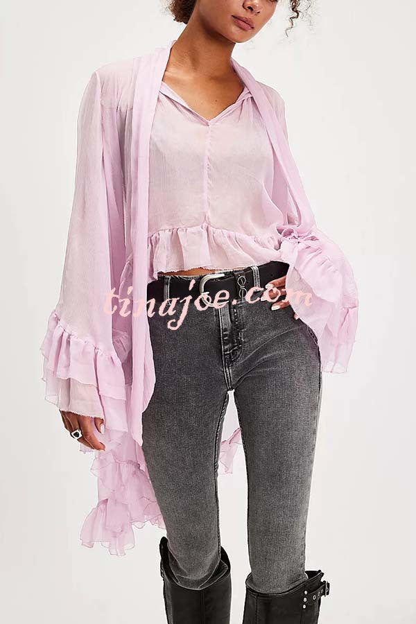 Flowy See-through Ruffle Tie-up Neck Bell Sleeve High-low Hem Cape Shirt