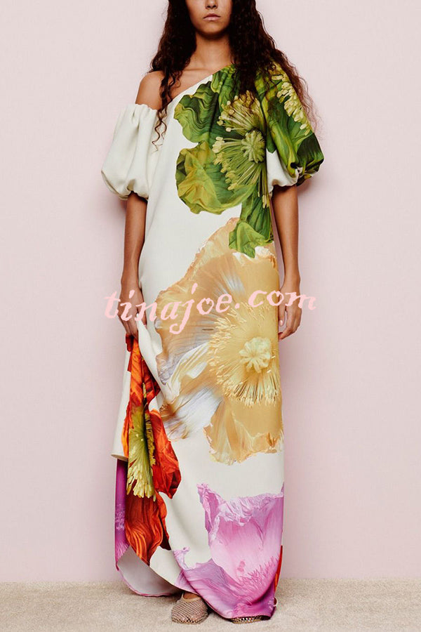 Floral Print Slant Collar Puff Sleeves Loose Holiday Maxi Dress
