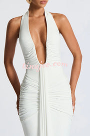 Solid Color Elegant Halterneck V-neck Open Back Tie Gathered Maxi Dress