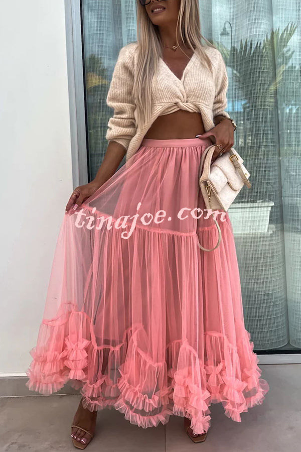 Elegant Tulle Stretch Waist Paneled Pleated Maxi Skirt