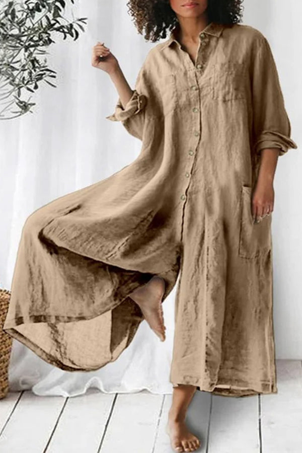 Amaris Cotton and Linen Blend Long Sleeve Loose Wide Leg Shirt Jumpsuit