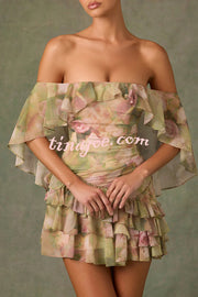 Chiffon Floral Print Elegant Multi-Layered Ruffle Mini Dress