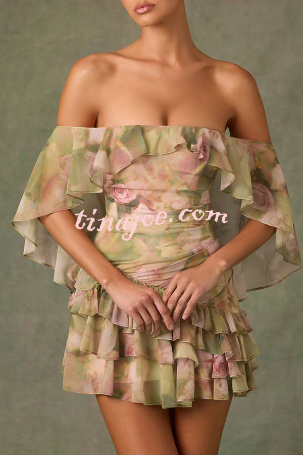 Chiffon Floral Print Elegant Multi-Layered Ruffle Mini Dress