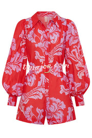 Linen Blend Botanical Print Lapel Puff Sleeve Loose Tie Casual Rompers