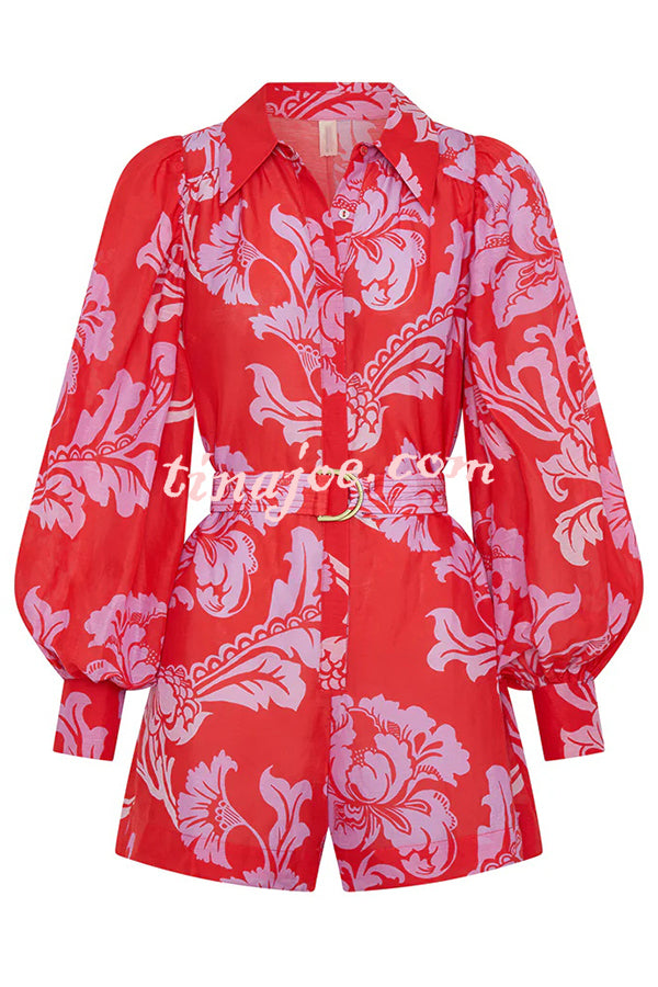 Linen Blend Botanical Print Lapel Puff Sleeve Loose Tie Casual Rompers