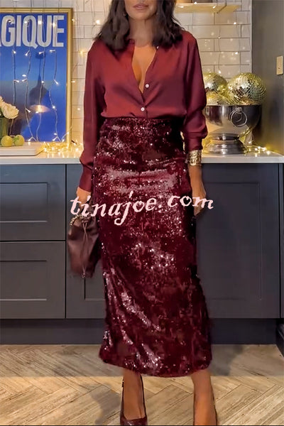 Feeling Festive Texture Sequin Elastic Waist Slit Maxi Skirt