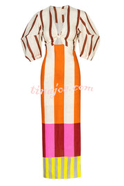 Kaya Linen Blend Color Block Print Front Cutout Knot Puff Sleeve Maxi Dress