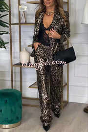 Mona Leopard Metallic Fabric Lapel Boyfriend Blazer and Elastic Waist Pocketed Loose Pants Set