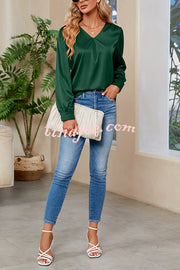 Satin Pleated V-neck Long-sleeved Loose Shirt