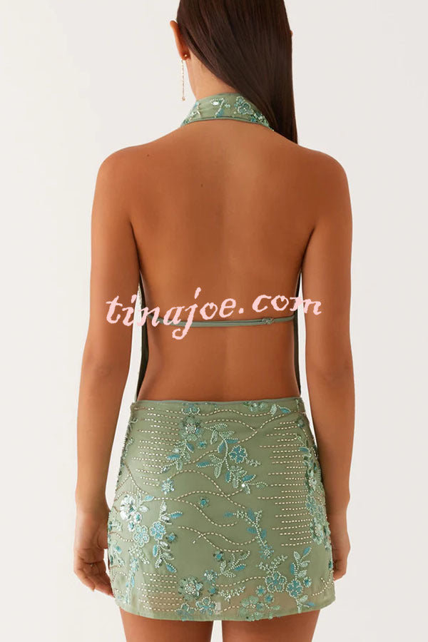 Looking Amazing Sequin Beaded Material Cowl Neck Backless Mini Dress