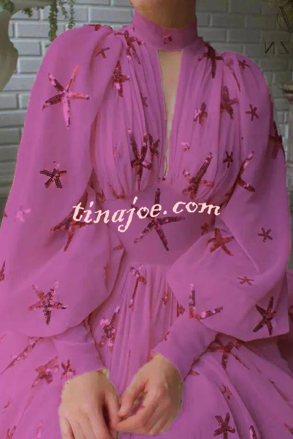 Grand Evening Chiffon Star Sequins Lantern Sleeve Party Maxi Dress