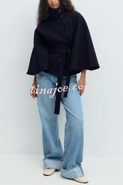 Fashionable Stand Collar Button Waist Tie Loose Cape
