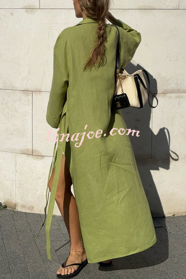 Linen Blend Solid Color Casual Lapel Tie Loose Maxi Dress