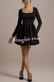 Playful Elegance Pearl Embellished Trim Long Sleeve Pleated Mini Dress