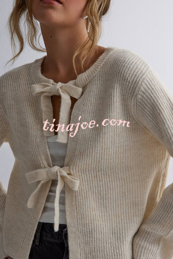 Solid Color Loose Long Sleeve Lace-up Knitted Cardigan