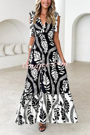 Unique Printed V-neck Sleeveless Lace-up Waist Maxi Dress