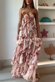 Ariae Butterfly Print Multi-layered Ruffles Backless Tie-up Maxi Dress