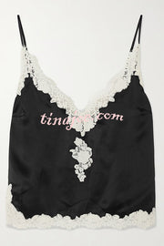 Celebration Look Contrast Color Satin Lace Trim V-Neck Slip Tank