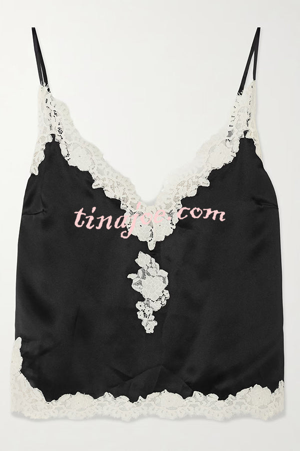 Celebration Look Contrast Color Satin Lace Trim V-Neck Slip Tank