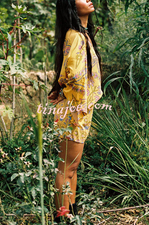 Mumbai's Flower Unique Print Batwing Sleeve Wrap Tie-up Boho Mini Dress