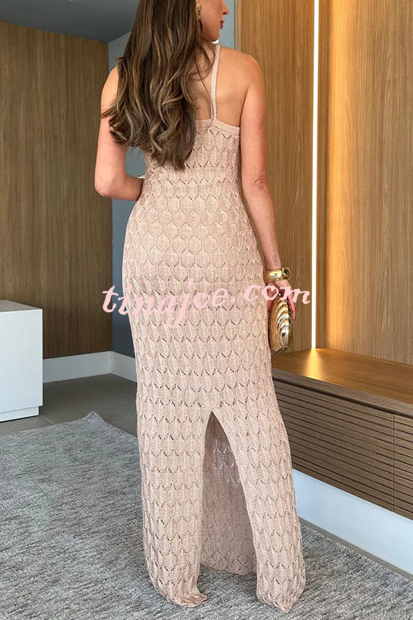 Solid Color Knitted Open Back Slim Slit Maxi Dress