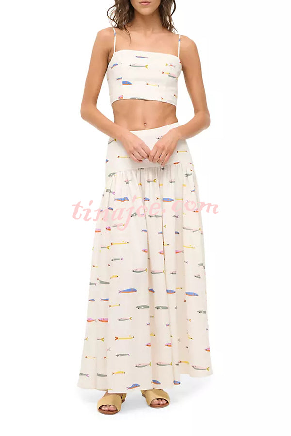 Island Resort Linen Blend Back Smocked Crop Tank and High Rise A-line Maxi Skirt Set