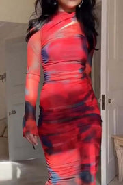 Won The Attention Mesh Tie Dye Ruched Midi Dress