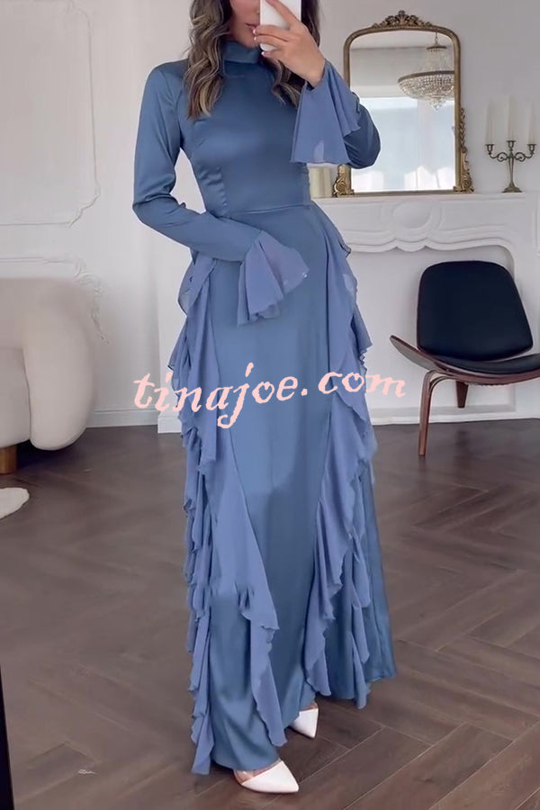 Cline Solid Color High Neck Long Sleeve Elegant Ruffles Maxi Dress