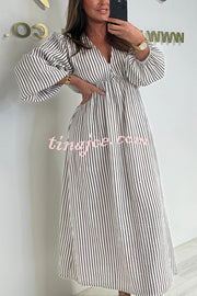 Striped Print V-Neck Long Sleeve Casual Loose Maxi Dress