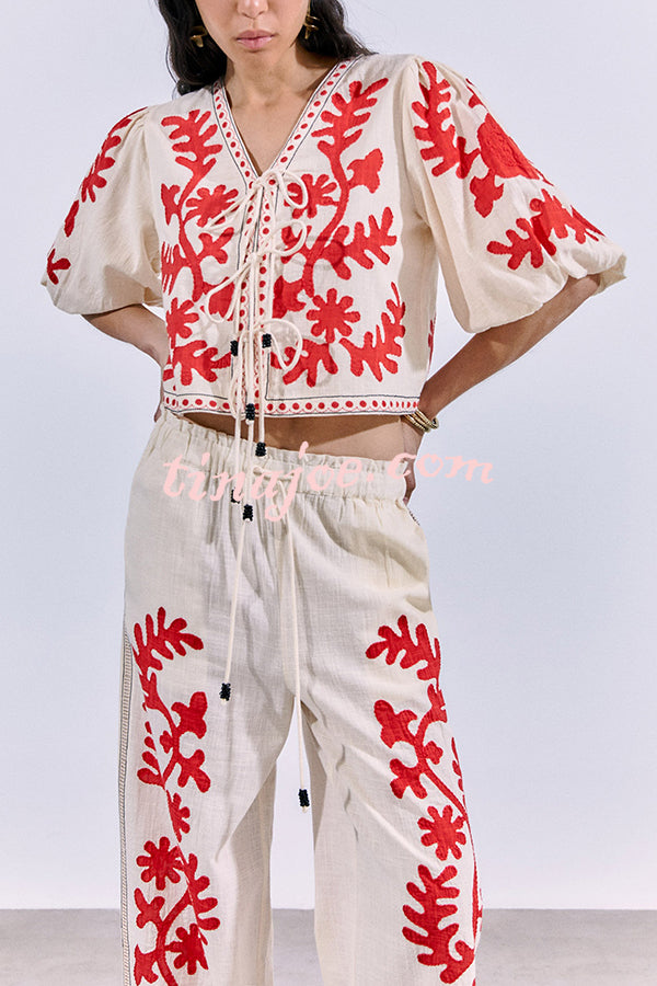 Till Sunset Linen Blend Unique Print Lace-up Puff Sleeve Shirt