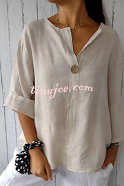 Solid Color Casual Button V-neck Loose Top