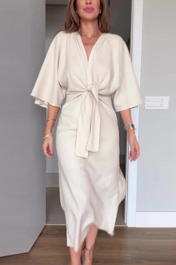 Solid Color V-neck Half-sleeve Casual Waist-tied Midi Dress