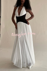 Fashionable Color Matching Sexy Halter Neck Waist Maxi Dress