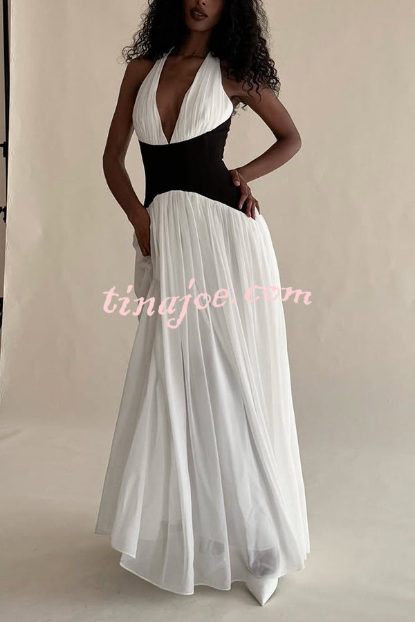 Fashionable Color Matching Sexy Halter Neck Waist Maxi Dress