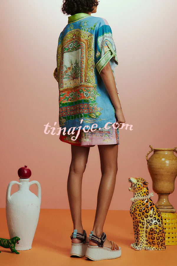 Unique Print Loose Short Sleeve Shirt and Elastic Waist Drawstring Pocket Shorts Set