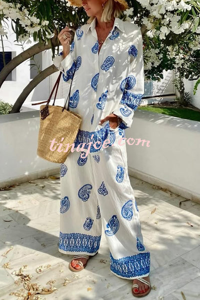 Unique Printed Long Sleeve Loose Shirt and Elastic Waist Casual Pocket Wide Leg Pants Set