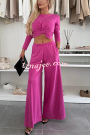 Solid Color Round Neck Long Sleeve Twist Crop Top and Elastic Waist Pocket Wide Leg Pants Set