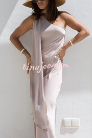 Cheers Babe Satin Solid Color Elegant One Shoulder Tie Maxi Dress