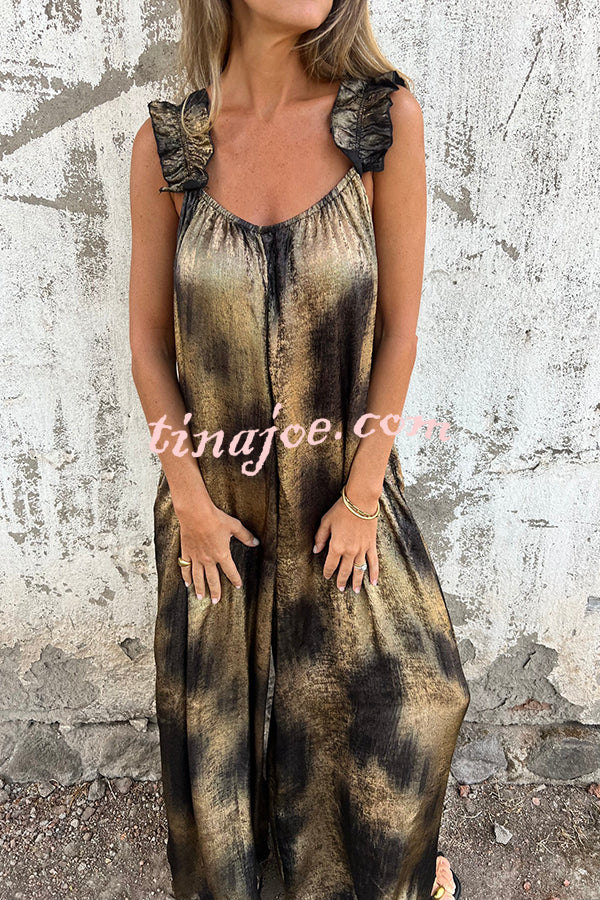 Fashionable Gold-stamped Suspenders Loose Pocket Wide-leg Jumpsuit