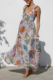 Unique Printed V-neck Ruffled Straps Pleated Back Maxi Dress