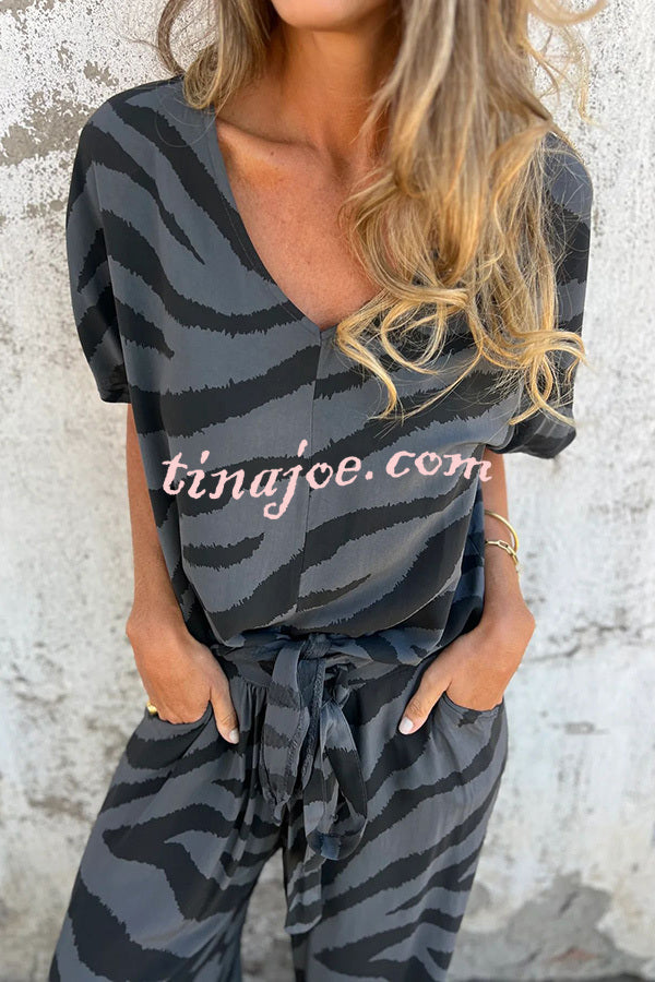 Zebra Print V-neck Short-sleeved Lace-up Top and Elastic Waist Pocket Straight-leg Pants Set