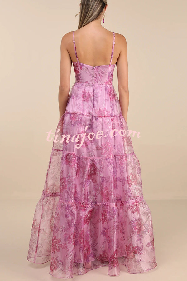 Exclusive Glamour Organza Floral Print Tiered Slip Maxi Dress