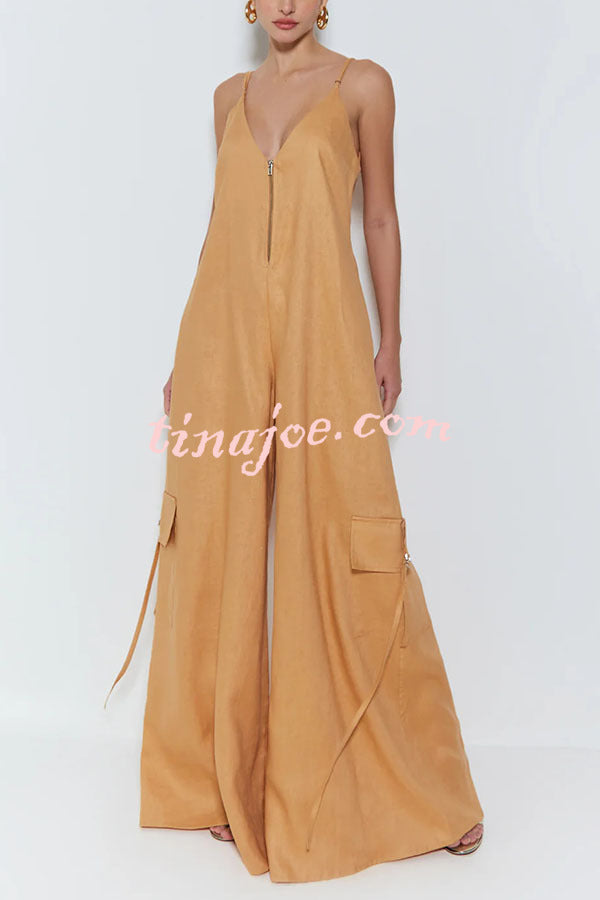 Zola Center Front Zipper Pocketed Wide Leg Loose Cargo Slip Jumpsuit