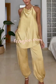 Satin Solid Pocket Loose Casual Pants