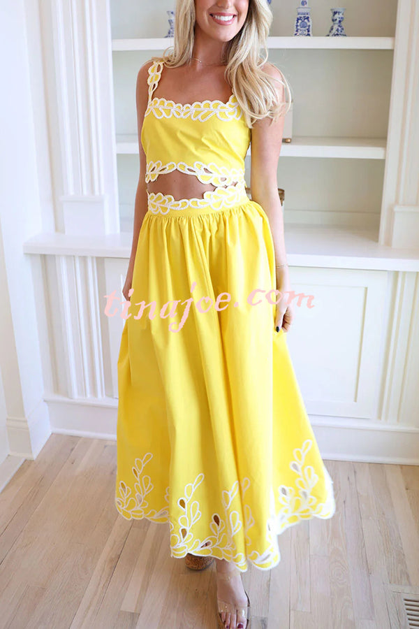 Perfect Vacation Embroidered Trim Crop Tank and Elastic Waist A-line Maxi Skirt Set